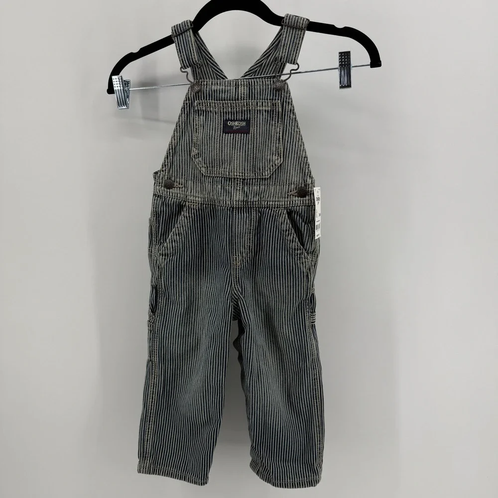 OshKosh‎ Bgosh Toddler Hickory Stripe Overalls Blue White 24M train conductor